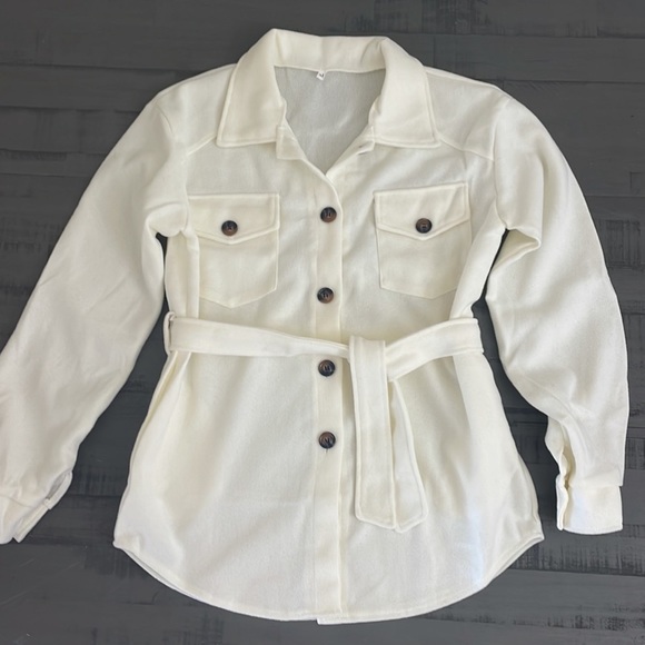 Cream Pocket Button Belted Wrap Button long sleeve Brush Utility fitted Shacket - Picture 6 of 10